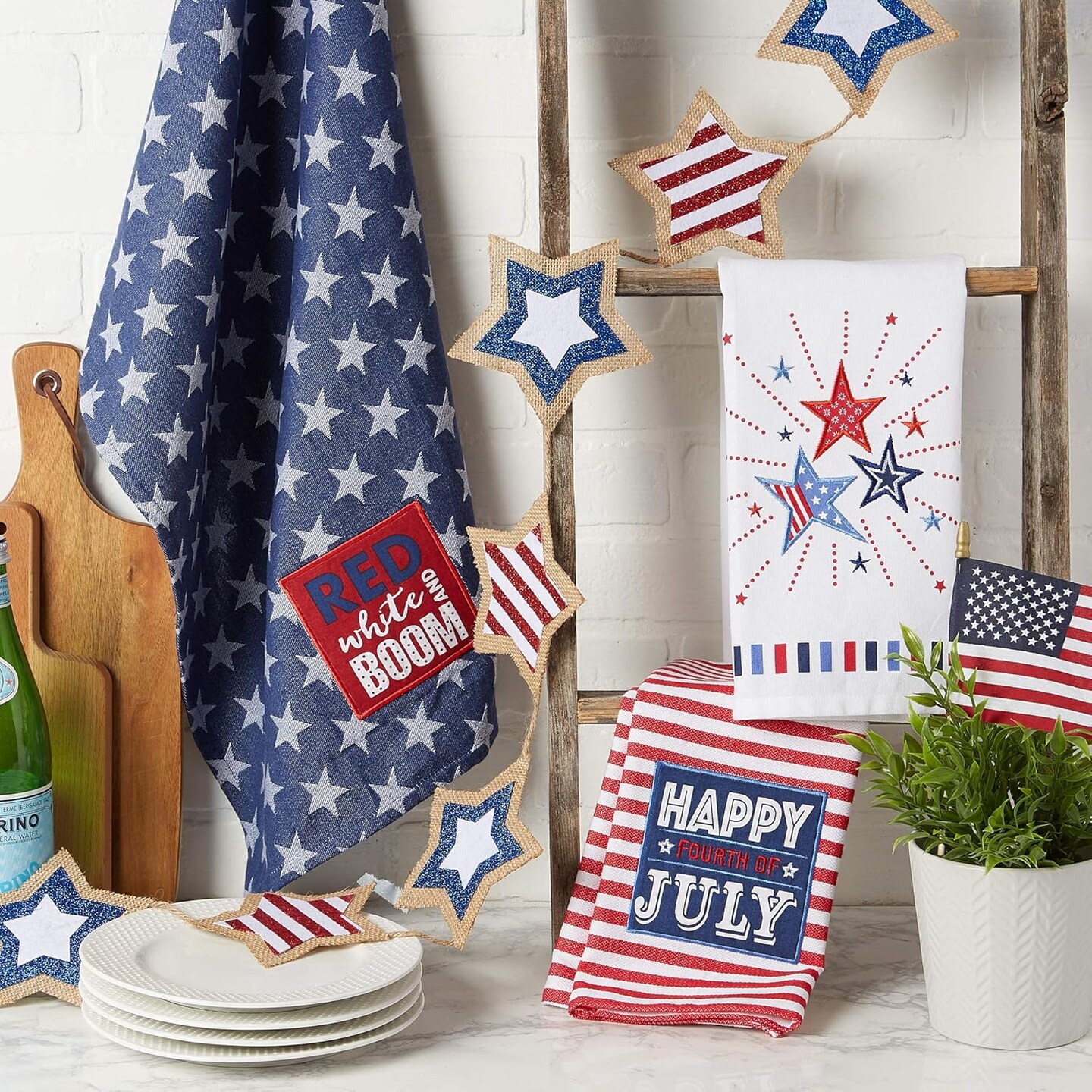 Patriotic Dish Towel Set – 3 Decorative Kitchen Towels, 18x28, Red, White & Blue “Boom” Design