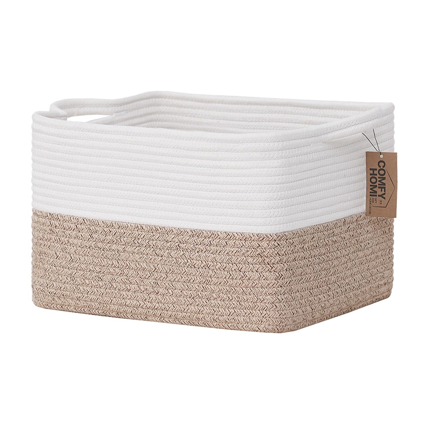 COMFY-HOMI Cotton Rope Woven Basket with Handles for Shelves,Toys,Book, Cloth Storage Baskets for Organizing-13.5" x 11" x 9.5" Toy Decorative Organizer for Living Room, Bathroom (White/Brown)