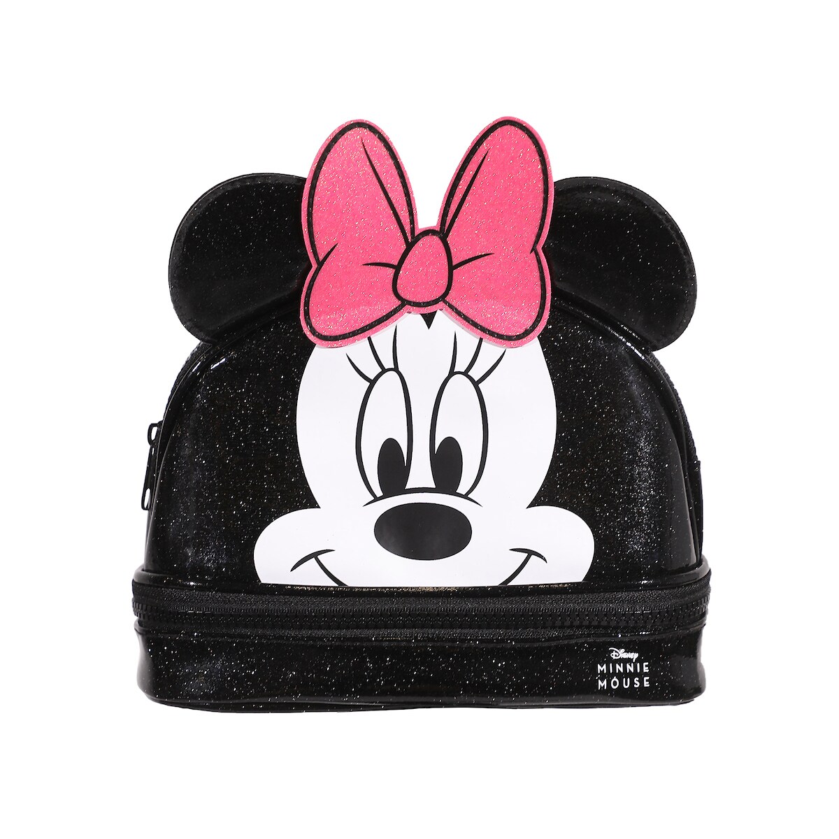 Disney Minnie Mouse Character Face Black Glitter 6" Cosmetic Pouch With 3D Ears