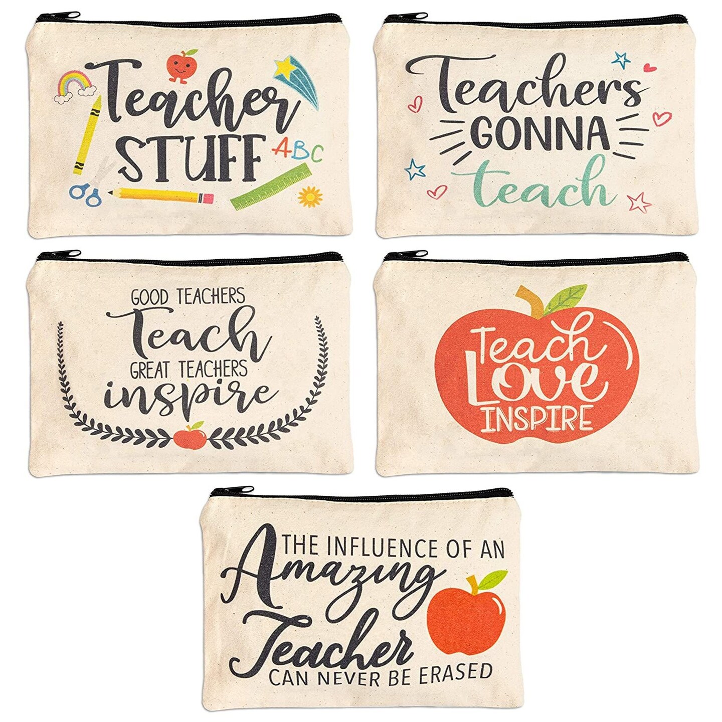 Teacher Appreciation Pouches with Zipper for Pencils, Stationery, Toiletries, 5 Festive Designs, Makeup Bags, Travel Cosmetic Pouch for Women (9x6 Inches, 5-Pack)