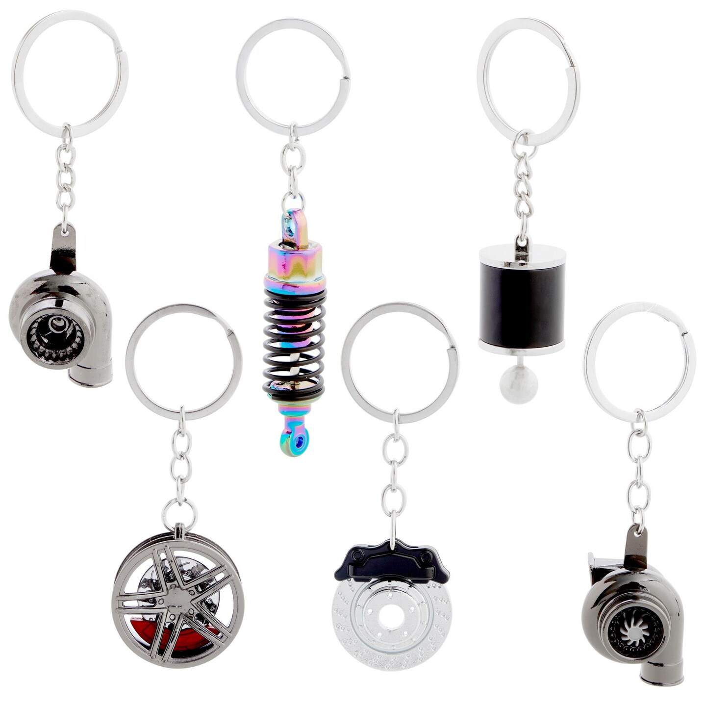 6 Pack Auto Car Parts Keychain Set with Turbo, Manual Gearbox, Tire Rim, Spring Shock Absorber, Brake Rotor (Metal)