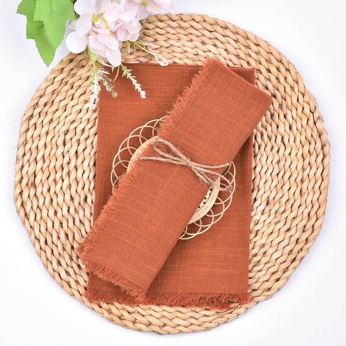 Terracotta 6 Pack Handmade Cloth Napkins Cotton Linen Easter Spring Napkins with Fringe Rustic Bulk Dinner Napkins