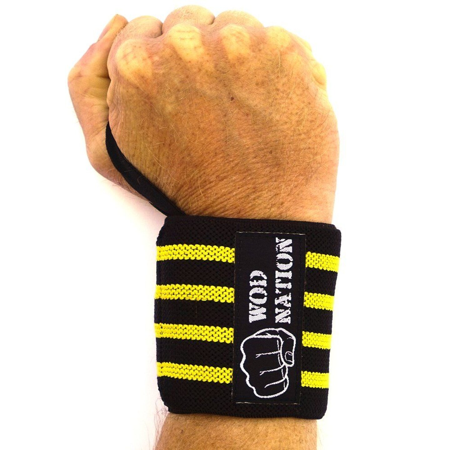 WOD Nation Wrist Wraps for Weightlifting, 24 Inch Professional Gym Wrist Straps w/Thumb Loop, Wrist Support Wraps for Men &#x26; Women for Strength Training, Powerlifting &#x26; Bodybuilding (Black/Yellow)