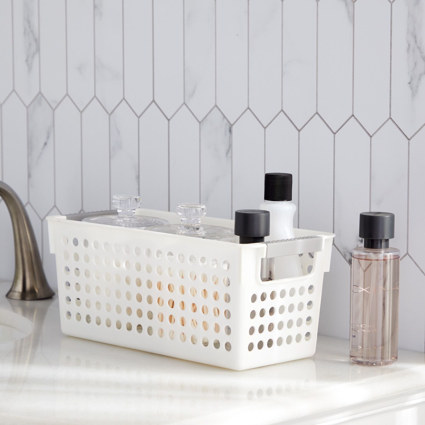 4 Pack White Plastic Baskets with Gray Handles, Narrow Storage Bins for Organizing, Kitchen Shelves, Small Nesting Containers (11.5 x 5 x 5 inch)