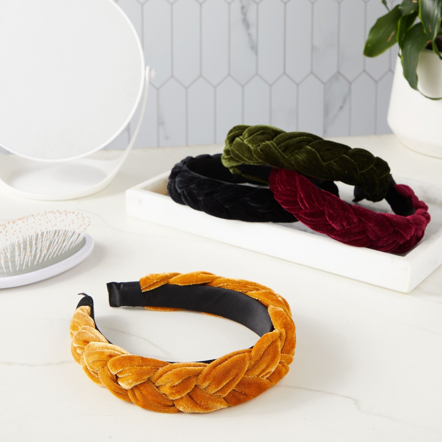 4 Pack Velvet Braided Headbands for Women, Wide, Non-Slip Padded Hair Accessories (4 Colors)