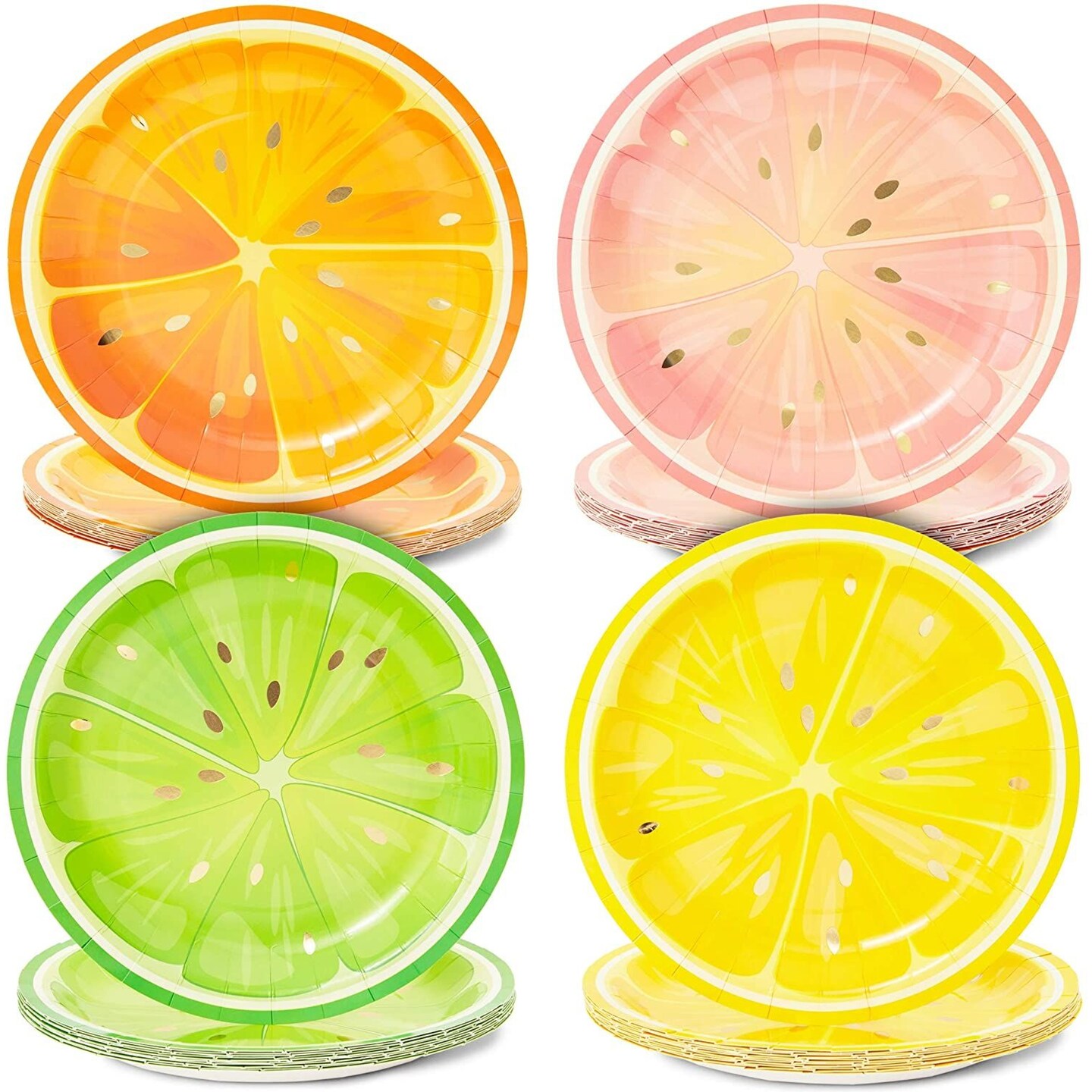Tutti Fruity, Citrus Fruit Party Plates with Gold Foil Details for Summer Celebrations (9 In, 48 Pack)