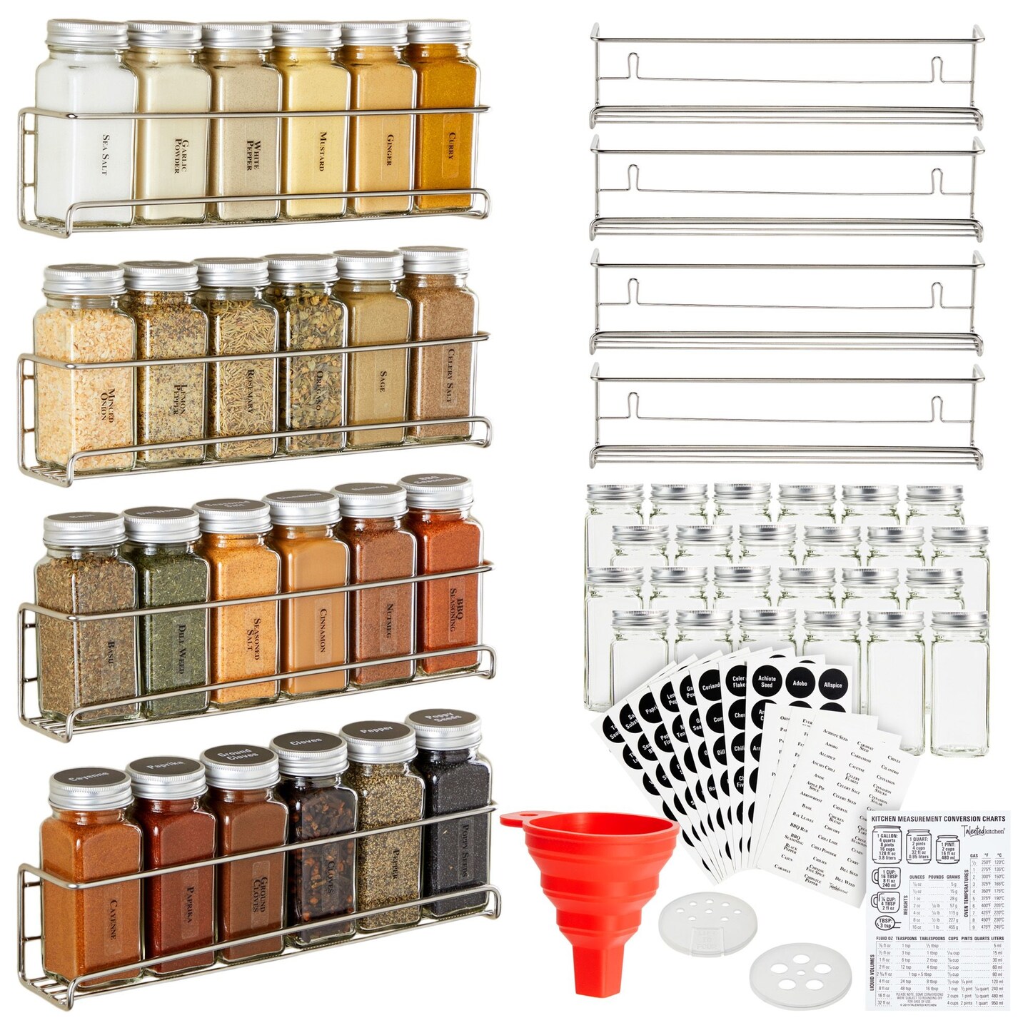 Talented Kitchen 4 Stainless Steel Wall-Mounted Spice Racks Organizer for Wall and Cabinet Door with 24 Pcs 4-Ounce Glass Spice Jars, 269 Preprinted Seasoning Labels (2 Styles)
