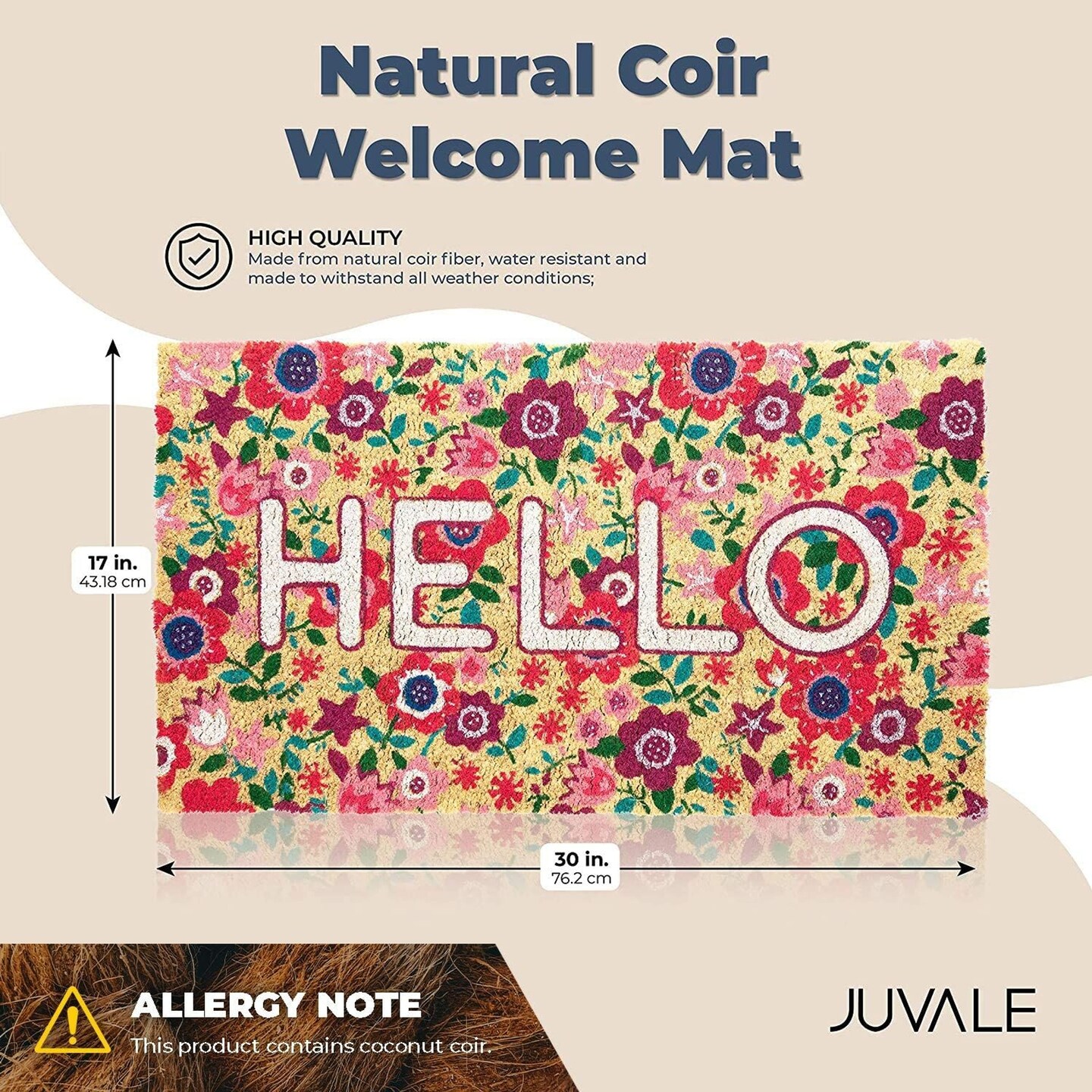 Juvale Natural Spring &#x22;Hello&#x22; Floral Coir Welcome Doormat for Front Door, 17 x 30 Inches, Ideal for Door Entrance, Backyard, Entryway