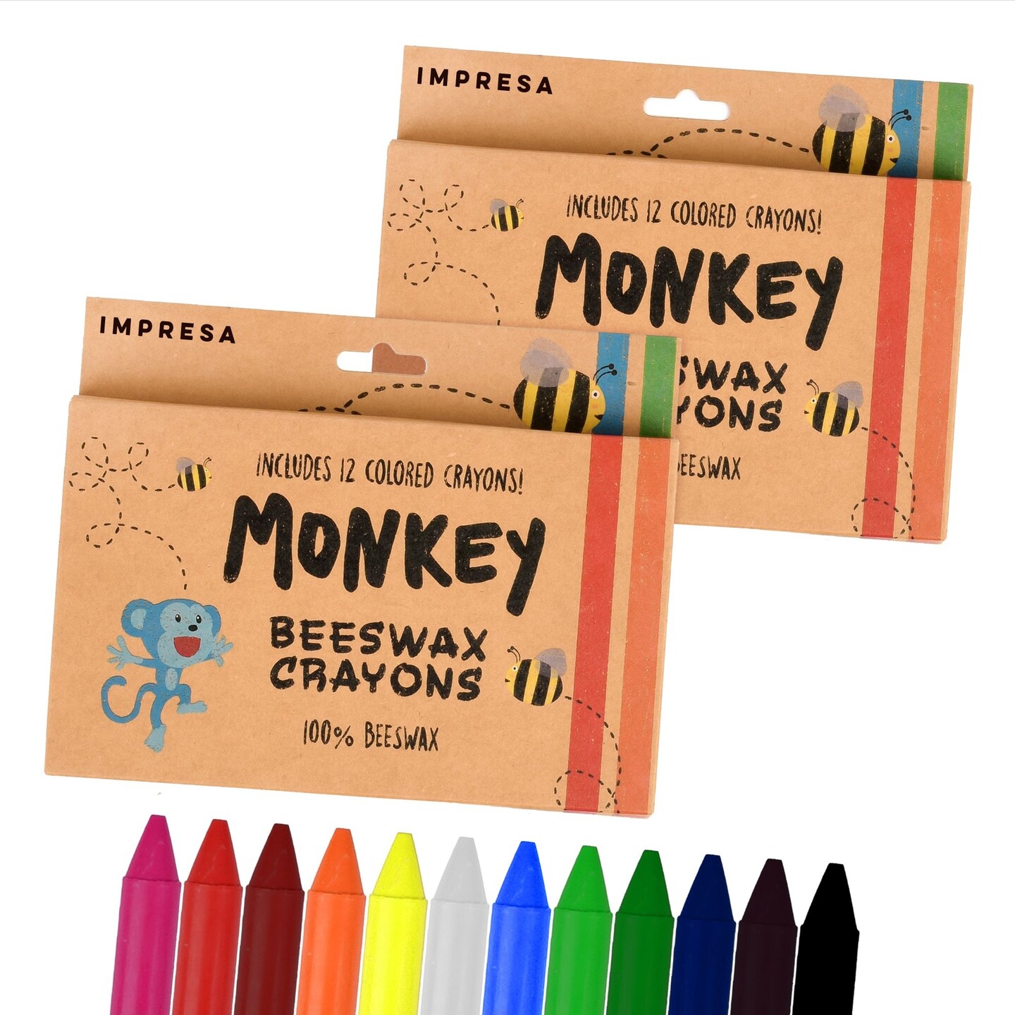 IMPRESA [2 Pack] Natural Beeswax Crayons for Toddlers &#x26; Kids - Kid Friendly Crayons Made With 100% Pure Beeswax - 12 Vibrant Colors in Each Set for Your Child&#x27;s Coloring Delight -Sharpener Included