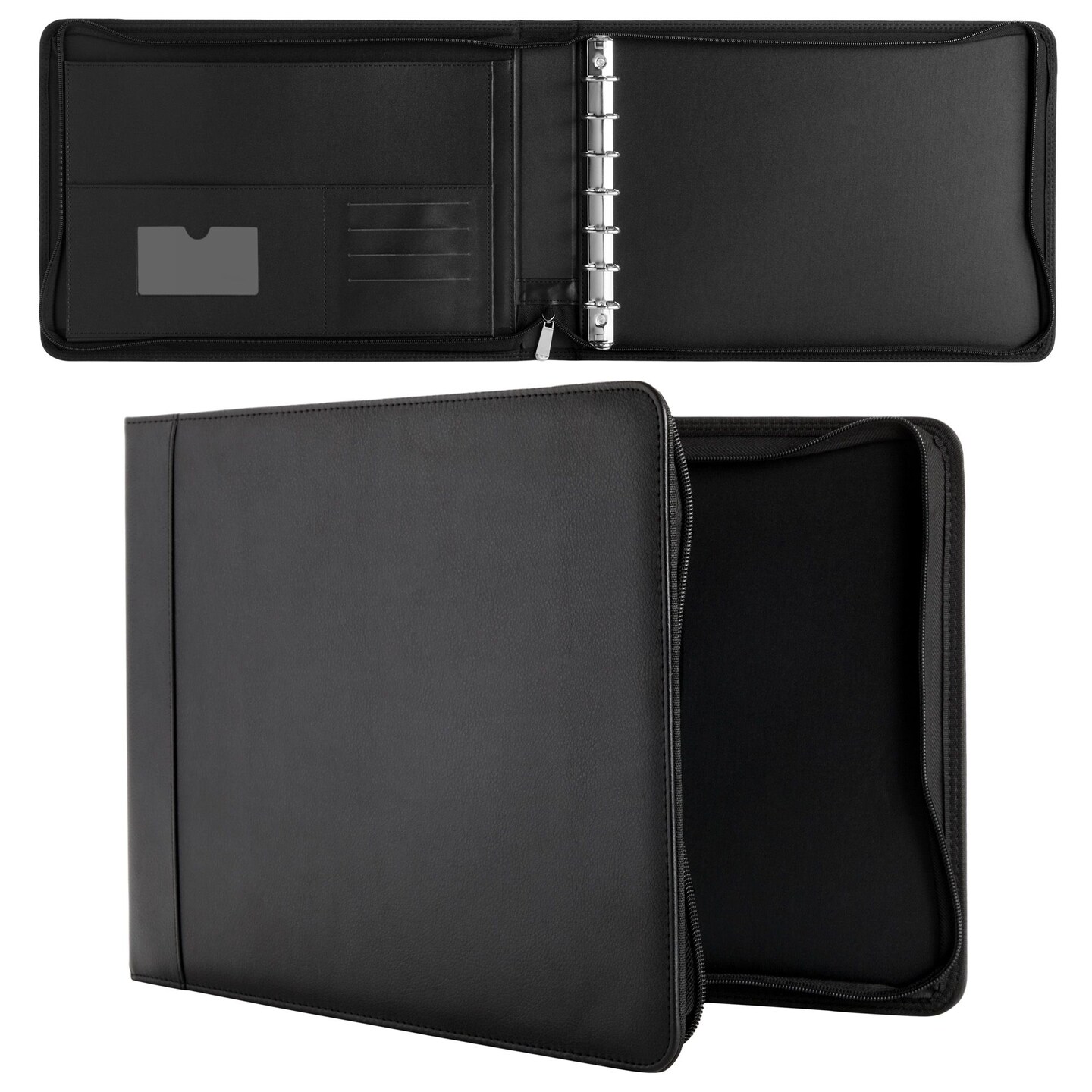 7 Ring Business Check Binder with Zipper for Checkbooks Organization, Black Zippered Portfolio Organizer, Professional PU Leather Folder Holder for Documents, Cards (15x12 In)