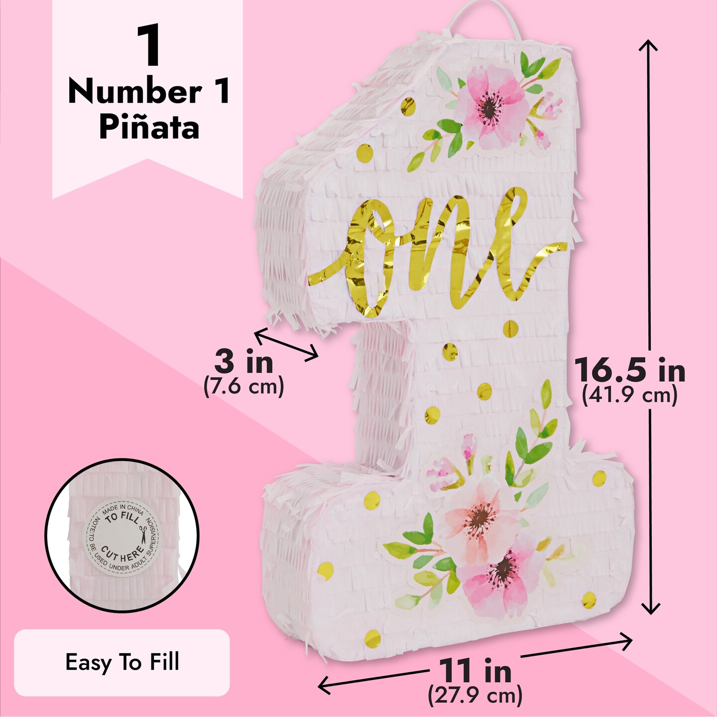 Pink Floral Number 1 Pinata for Girl&#x27;s 1st Birthday Party Decorations, Gold Foil &#x22;One&#x22; and Hibiscus Print Designs (16.5 x 11 x 3 In, Small)