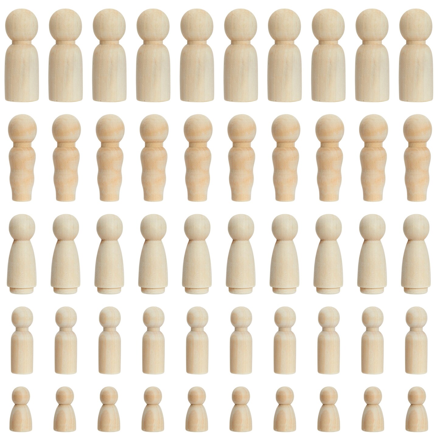 Set of 50 Unfinished Wood Peg Dolls Family, Wooden People for Crafts, Dollhouse Figures (5 Sizes)