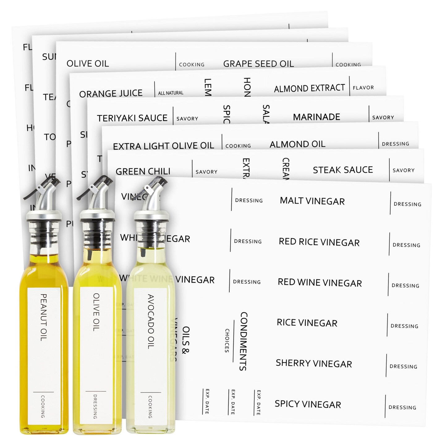 Talented Kitchen 132 Preprinted Minimalist Oil Labels for Bottles, Condiments Labels, Oils and Vinegars Dispenser Stickers, Pantry Labels for Oil Bottles Organization