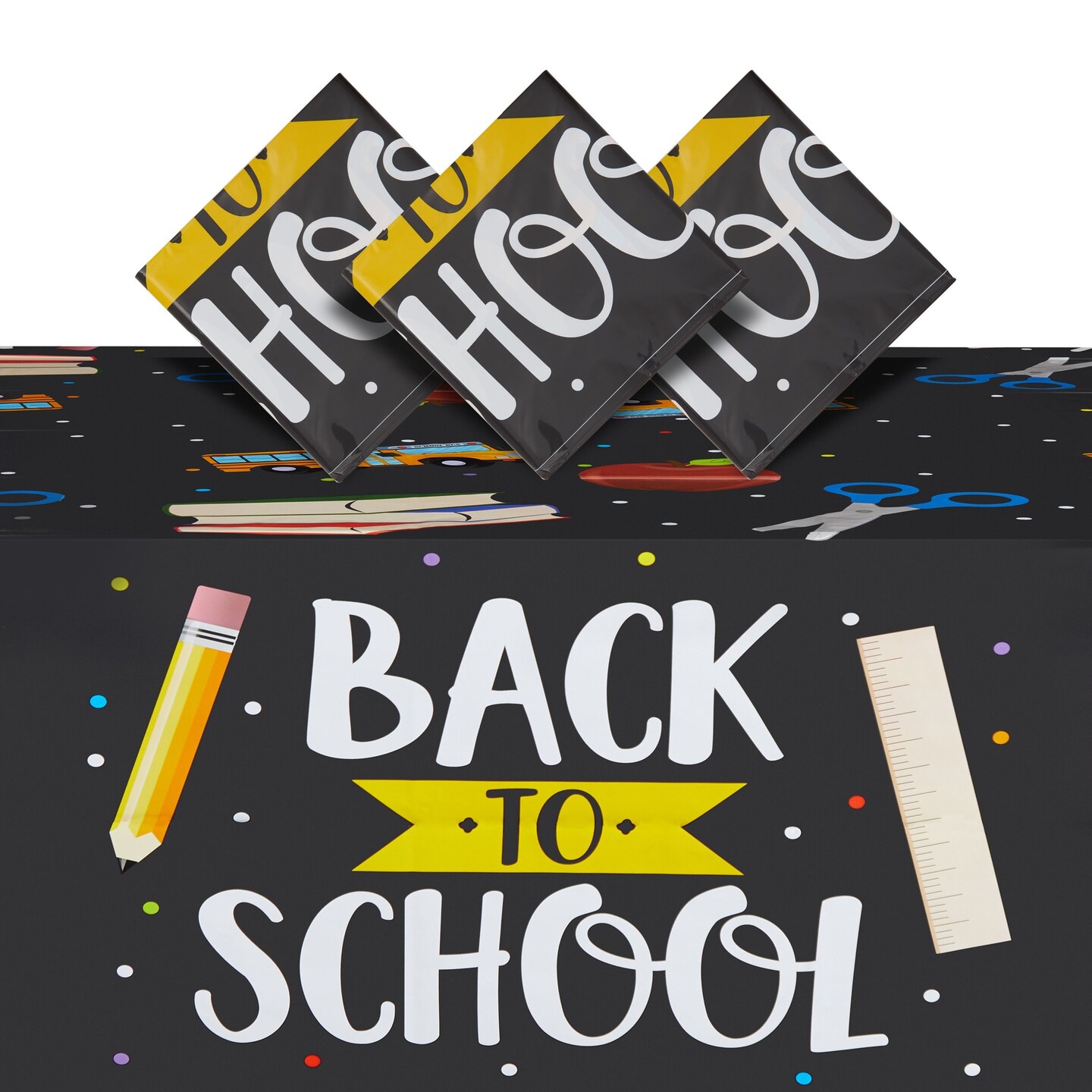 Blue Panda School-Themed Disposable Plastic Tablecloths - 54 x 108 in, Multicolor, 3-Pack, Durable - Party & Classroom Decor Plastic Table Cover