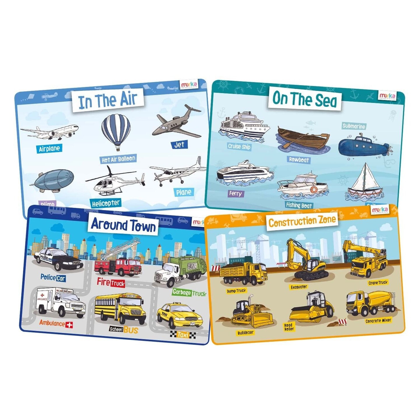 merka Kids Placemat, 4 Pack Toddler Educational Placemats 17x11 in, for Dining Table Features Transportation, Air, Sea, Town, Construction Zone, Silicone Reusable Wipeable Mats