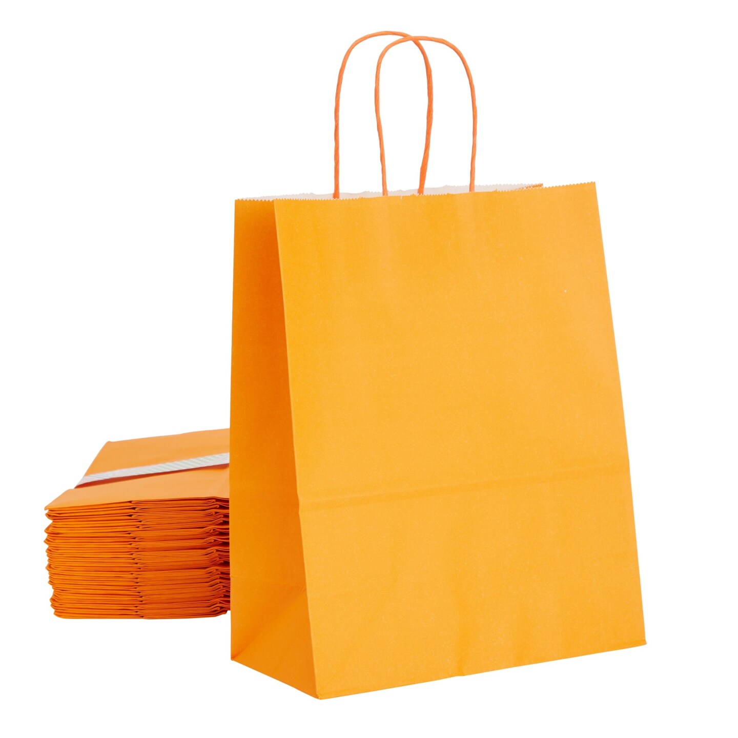 25-Pack Orange Gift Bags with Handles, 8x4x10-Inch Paper Goodie Bags for Party Favors and Treats, Birthday Party Supplies
