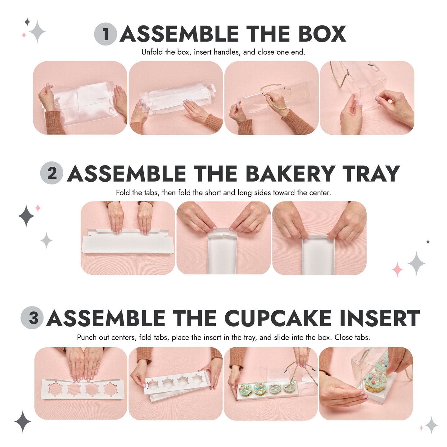 12 Pack Clear Cupcake Boxes with Gold Rope Handle and White Inserts, 4 Compartments (12.7 x 4.7 x 3.6 In)