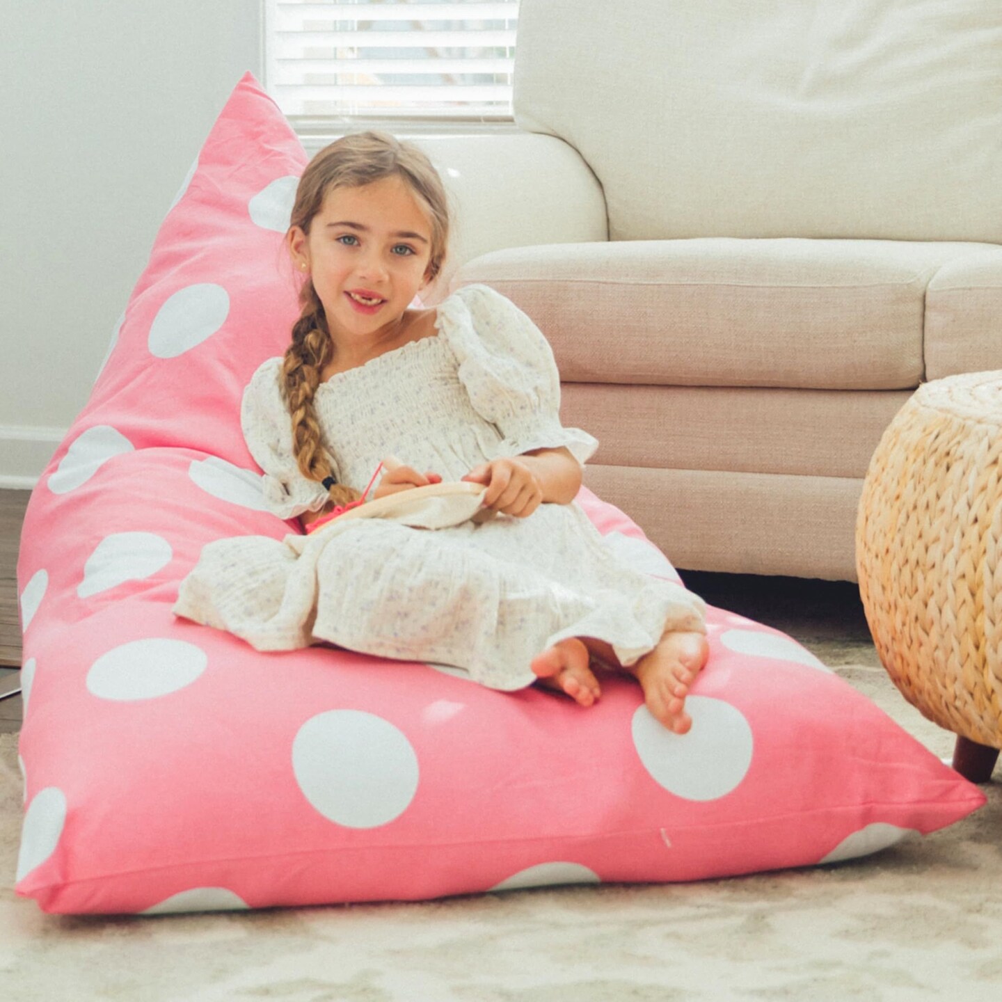 Butterfly Craze Bean Bag Chair Cover, Functional Toddler Toy Organizer, Comfy Floor Lounger for Boys or Girls, Stuffing Not Included, Light Pink Polka Dots