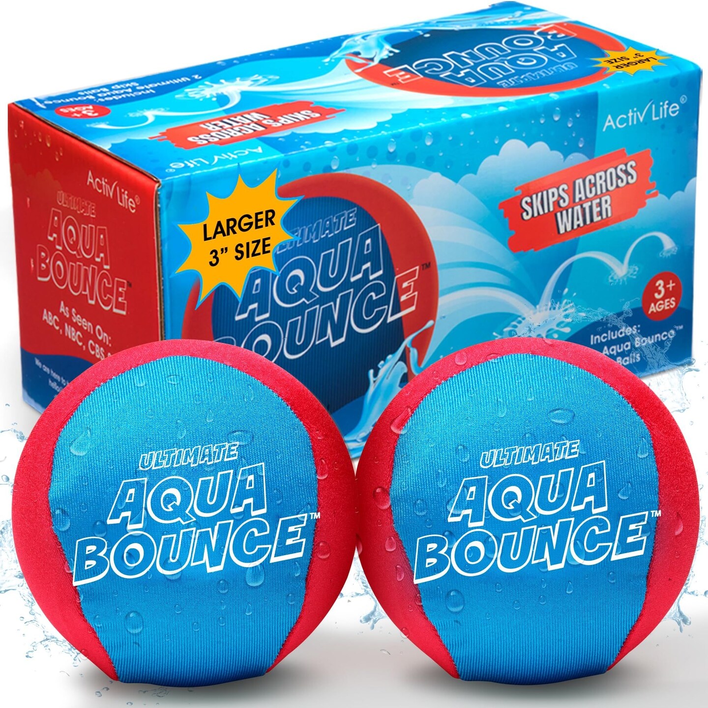 Activ Life Ultimate 2 Pack 3" Larger Water Skip Balls, Fun Swimming Pool & Beach Bouncing Toys for Kids, Teens, and Family, Great for Easter Gifts & Birthdays, Red/ Blue