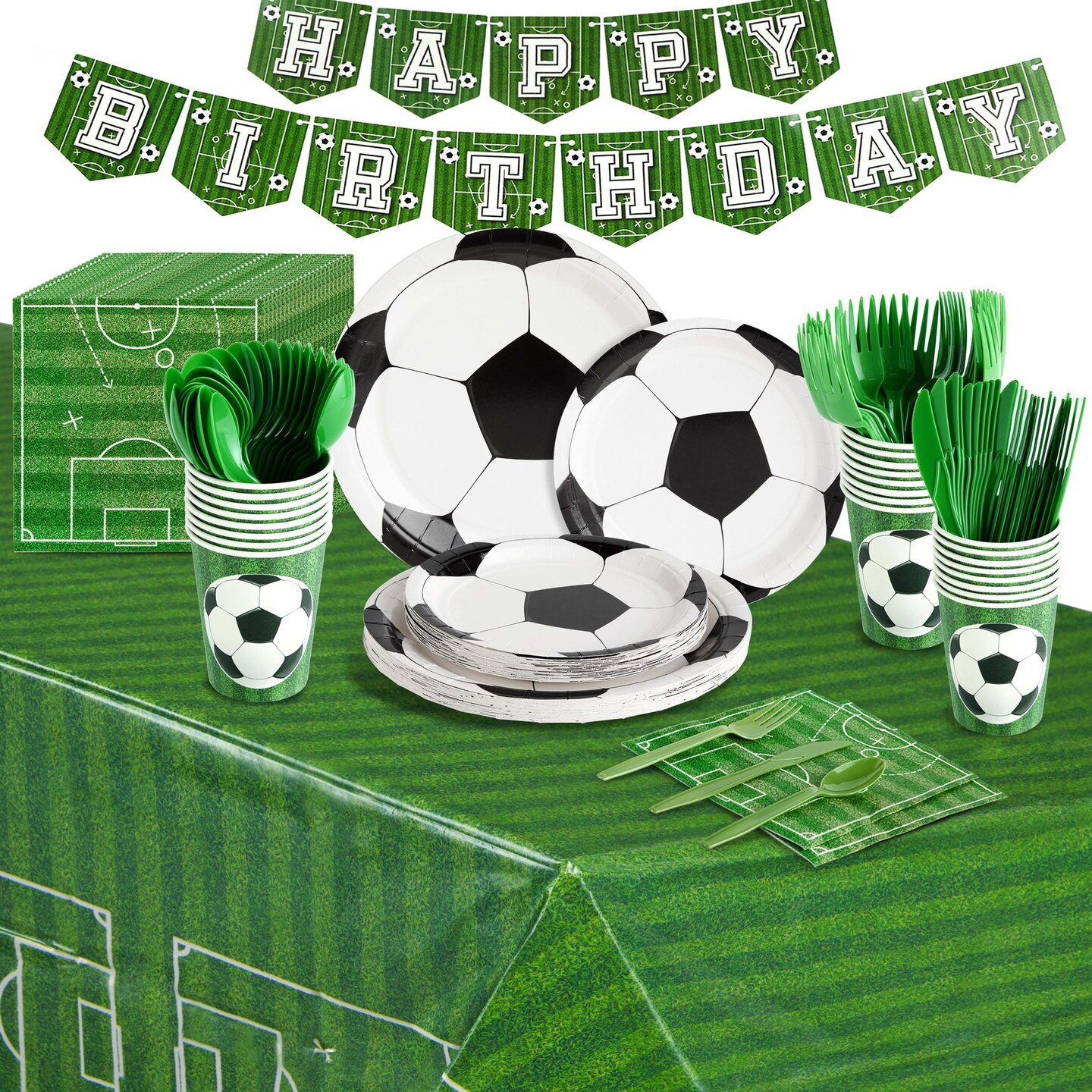 171-Piece Soccer Party Decorations, Serves 24 Sports-Themed Birthday Party Supplies with Plates, Napkins, Cups, and Green Cutlery Set, Tablecloth, and Banner Included