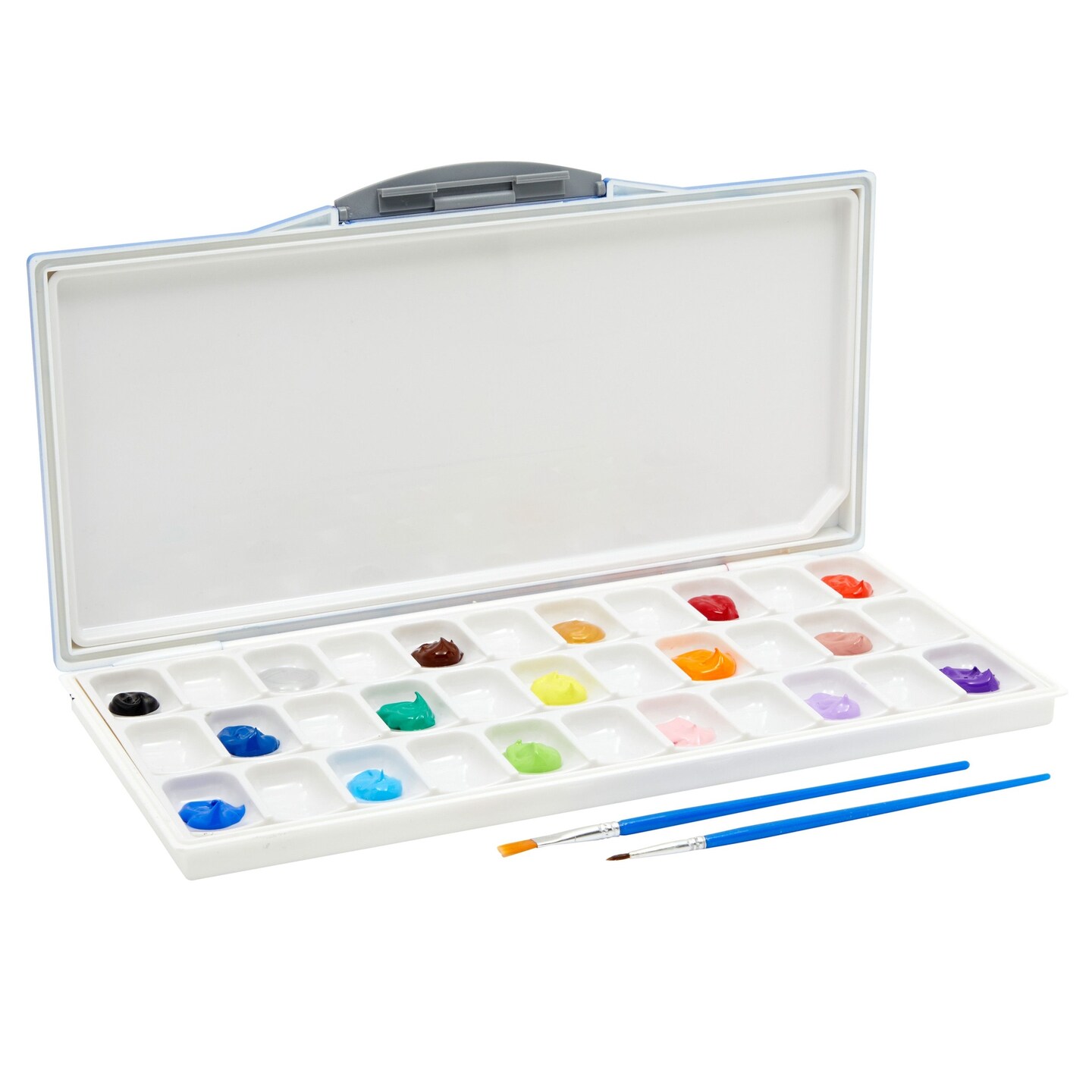33-Well Portable Paint Palette with Lid, 2 Paint Brushes, 10 Sheets of Paper for Acrylic, Oil Coloring (12.6 x 6 x 1 in)