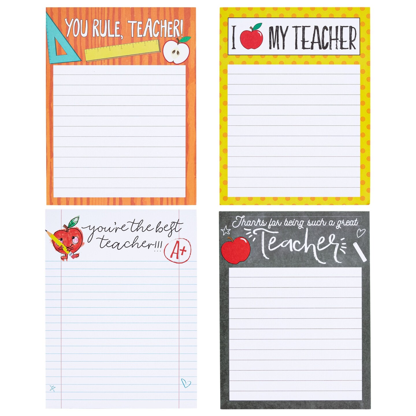 4-Pack Teacher Notepad Sets for Classroom Gifts, Professor Appreciation, School Supplies, 50 Sheets Per Memo Pad, 200 Sheets Total, 4 Motivational Designs (4x5 in)