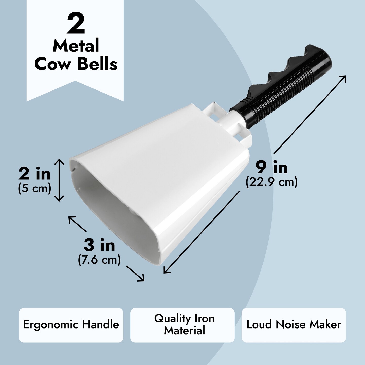 2 Pack 9-inch Cowbells for Sporting Events, Percussion Noise Makers with Handle for Football Games, Stadiums (White)