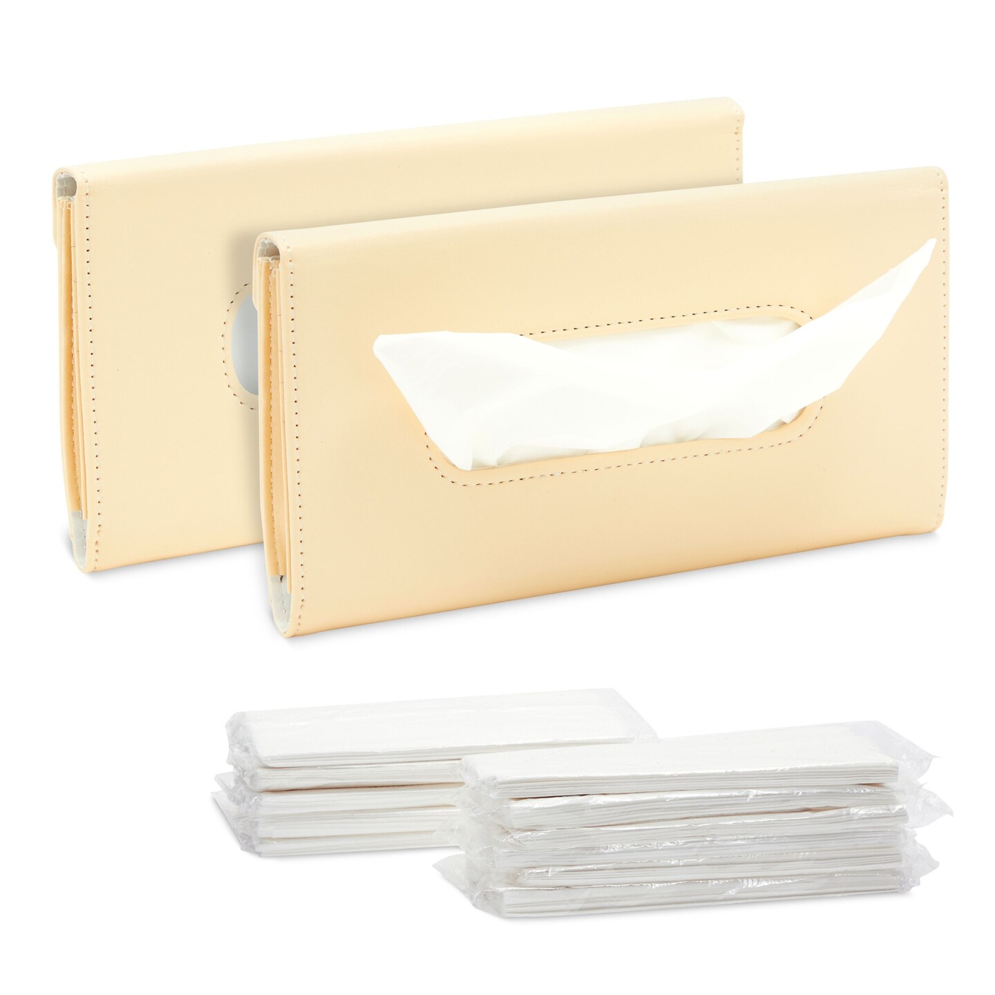Car Visor Tissue Holder with 12 Refill Tissue Bags (Beige, 9 x 5.3 x 1.75 In, 2 Pack)