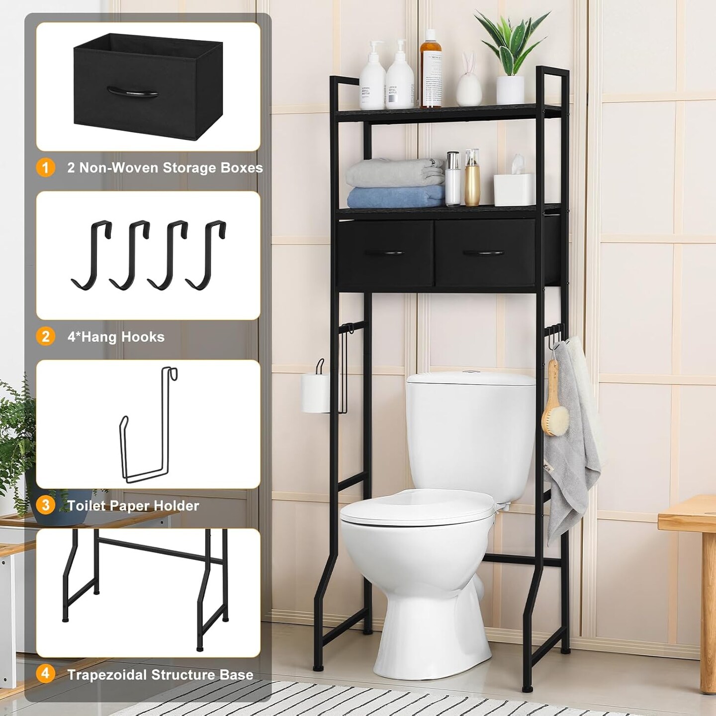 3-Tier Over-The-Toilet Storage Cabinet with Fabric Drawers – Freestanding Bathroom Organizer, Black Space-Saving Shelf for Bathroom & Laundry Room