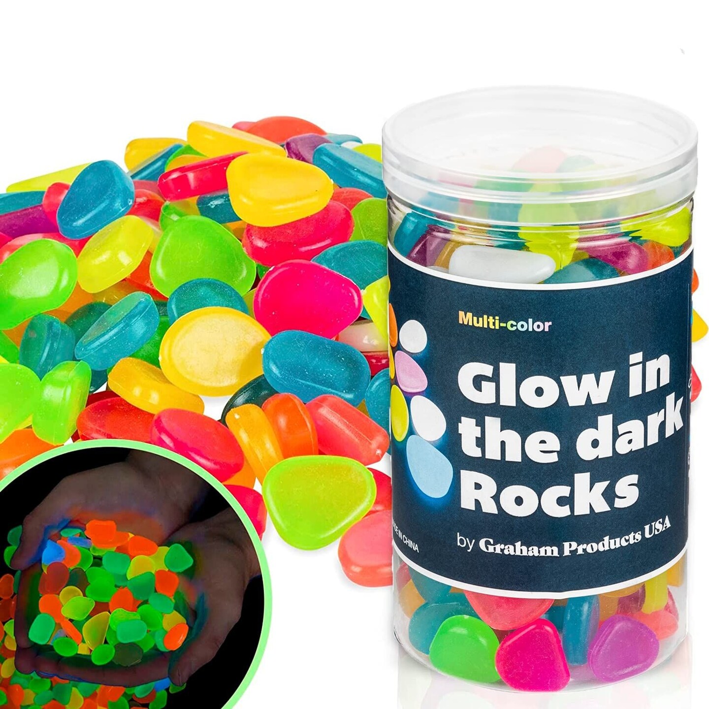 Graham Products 190 Pieces Glow in the Dark Rocks | Indoor &#x26; Outdoor Use - Garden, Fish Tank Pebbles, Planter, Walkway Decoration &#x26; More | For Kids Aged 6 &#x26; Up | Powered by Sunlight - Multi-colored