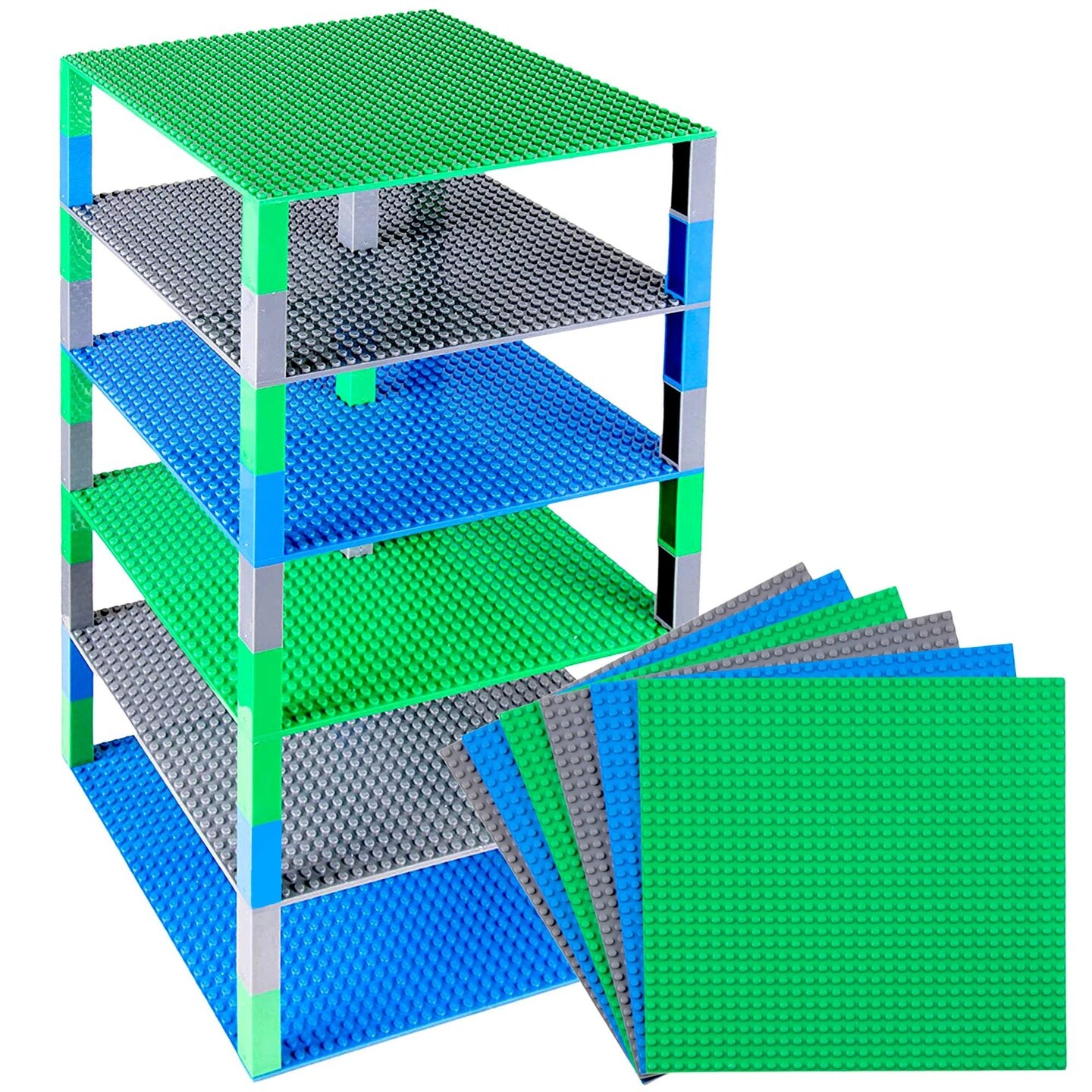 Strictly Briks Toy Building Block - Classic Baseplates 10&#x22; x 10&#x22; Brik Tower for Ages 3 Years and Up, 6 Baseplates &#x26; 50 Stackers in Blue Green &#x26; Gray, 56 Pc