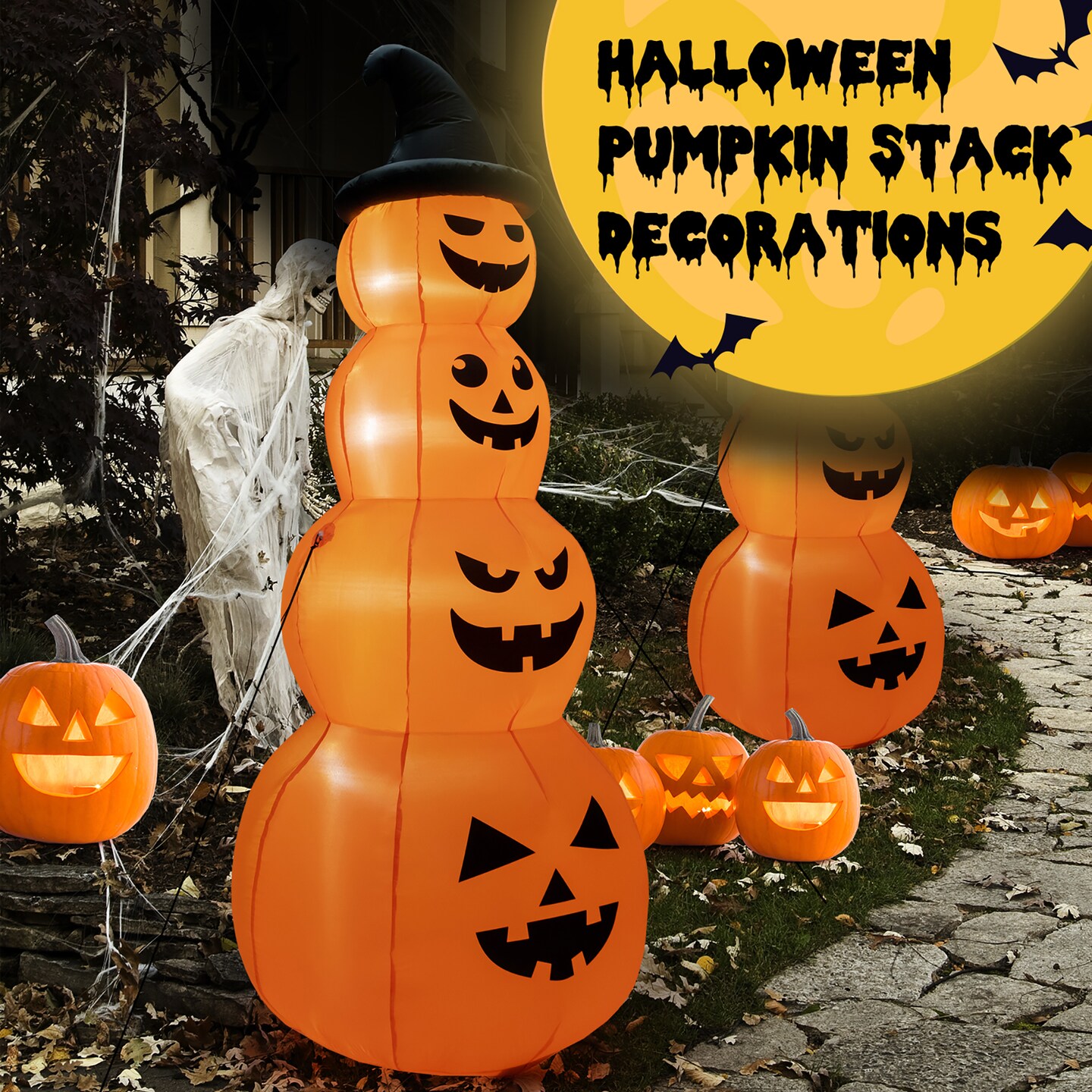 Costway 8FT Halloween Inflatable Stacked Pumpkins Blow-up Holiday Decoration w/ LED Lights