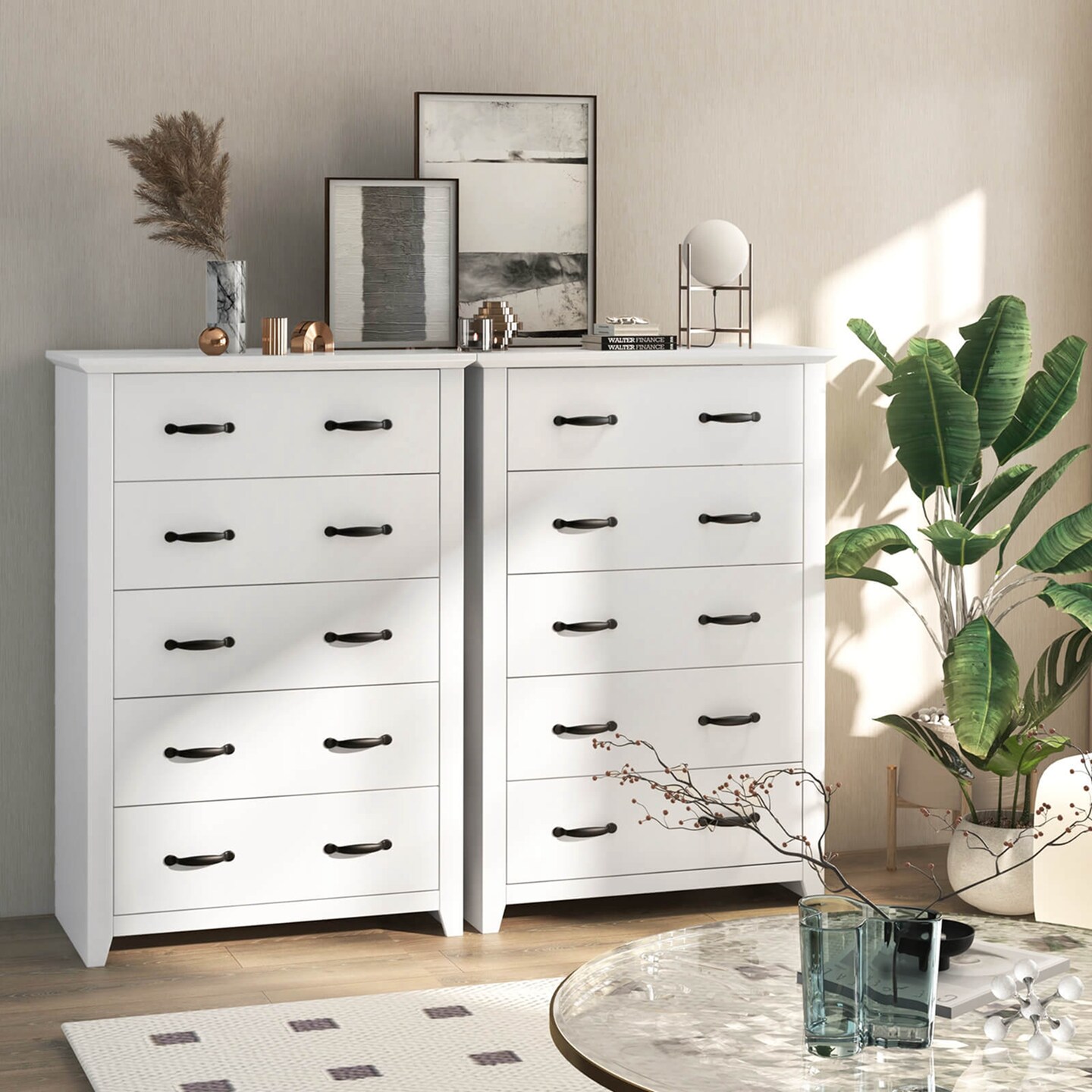 Costway 5 Drawer Chest Storage Dresser Tall Cabinet Organizer Bedroom Hallway Dark Grey/Walnut