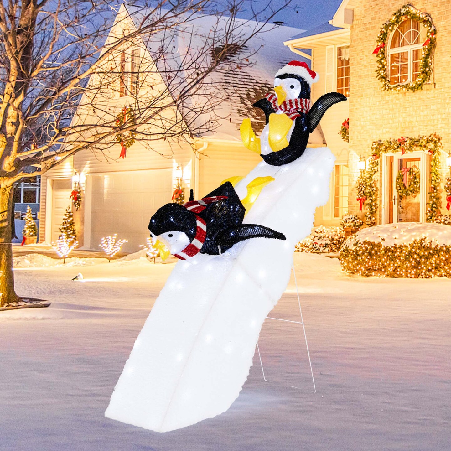 Costway 4FT Pre-Lit Christmas Penguin Ice Skating Decoration with Snowy Slide &#x26; LED Lights