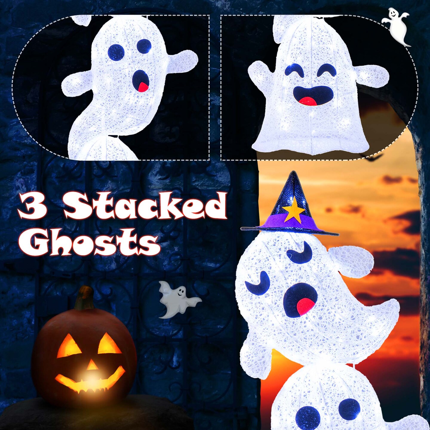 Costway 4 FT Lighted Stacked Ghosts Standing Halloween Decoration with 120 LED Lights and 4 Metal Ground Stakes