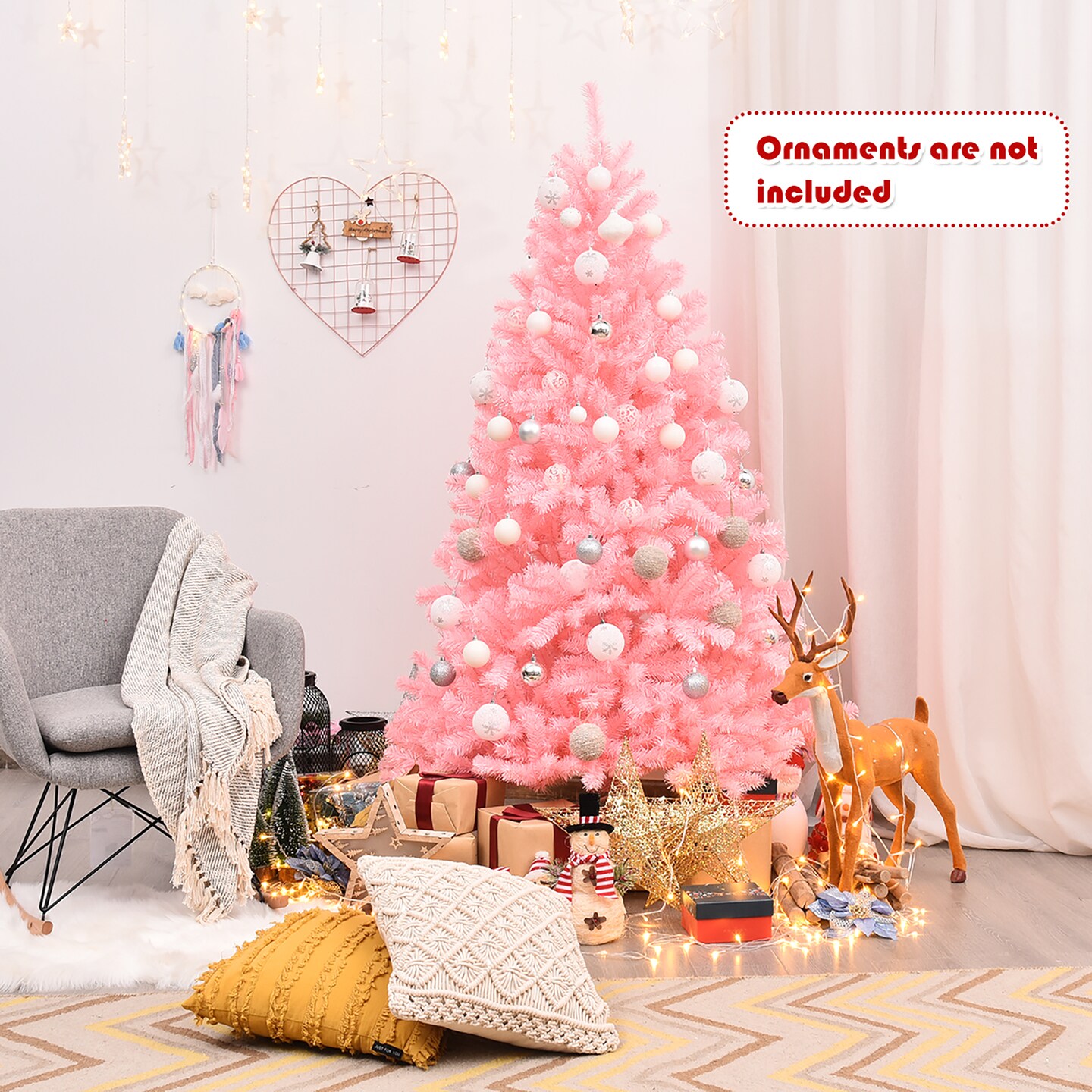 Costway 6Ft Hinged Artificial Christmas Tree Full Fir Tree New PVC w/ Metal Stand Pink