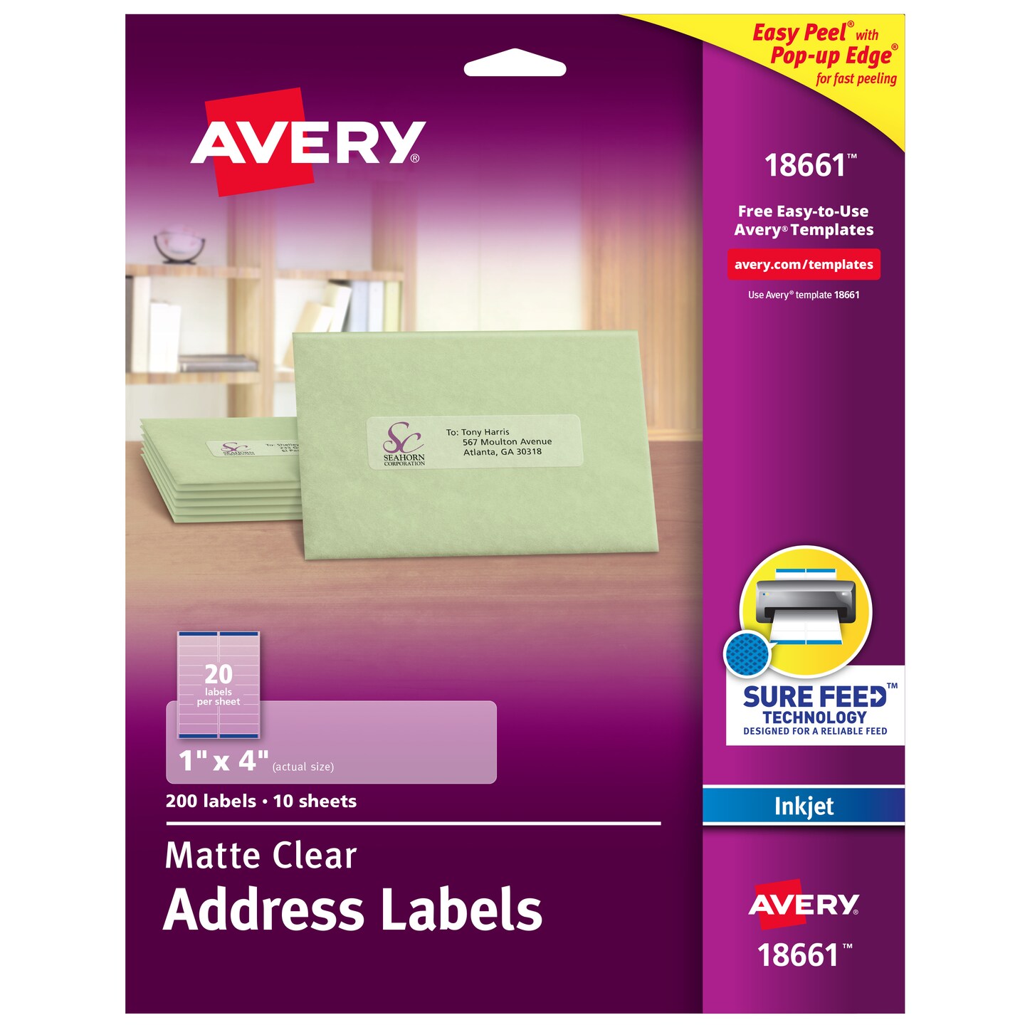 Avery Matte Clear Address Labels, Sure Feed Technology, Inkjet, 1&#x22; x 4&#x22;, 200 Labels (18661)