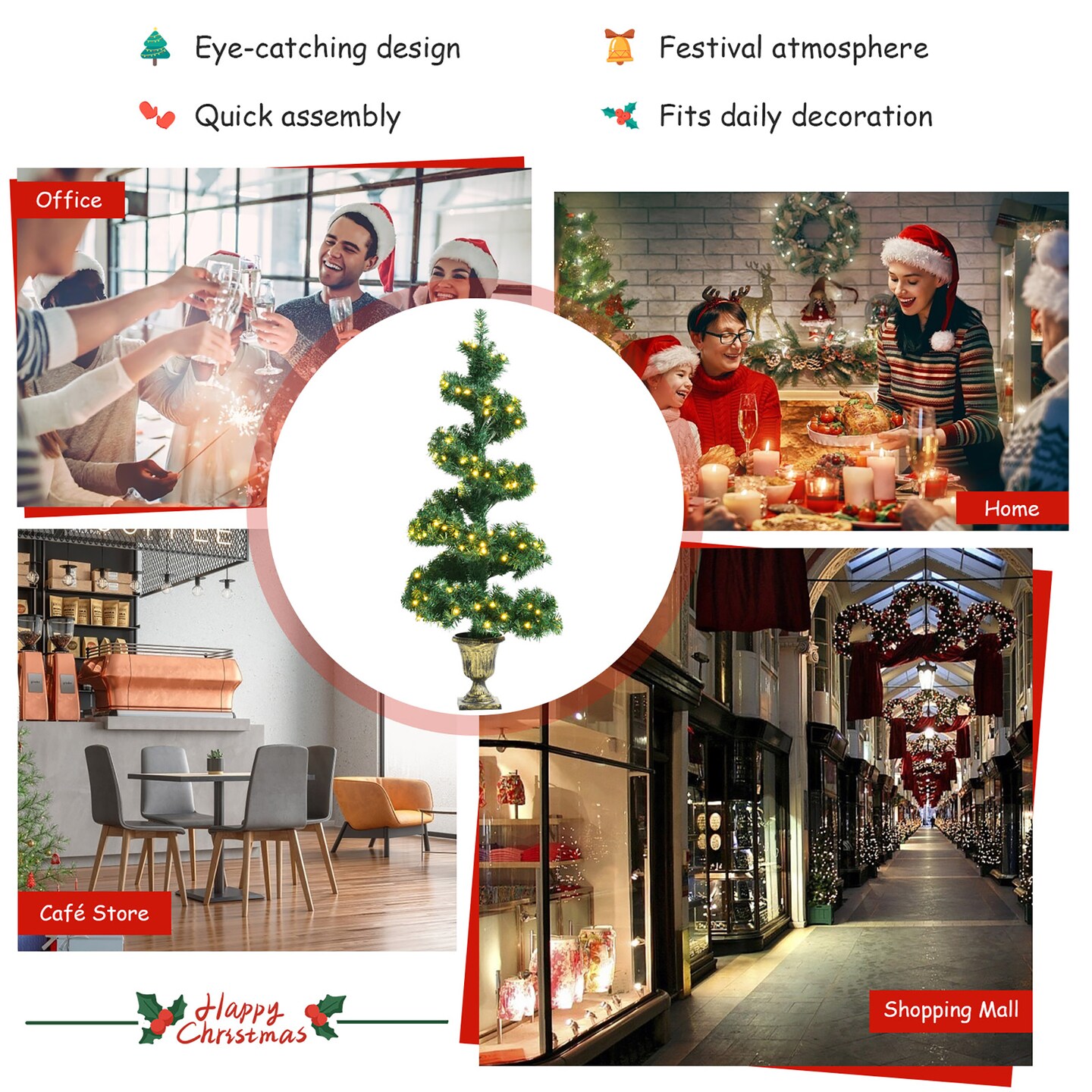 4FT Pre-lit Spiral Artificial Christmas Entrance Tree w/ Lights & Retro Urn Base