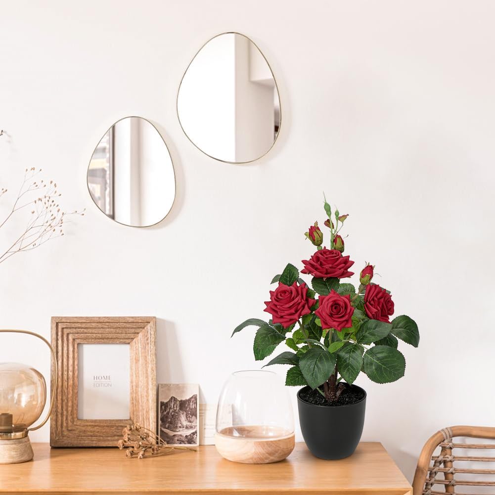Artificial Plants &#x26; Flowers in Vase Red Roses Artificial Flowers Potted Plant Faux Silk Flower with Black Pot Fake Rose Flower Arrangement Home Decor Bathroom Shelf Desk Decoration 15 Inch