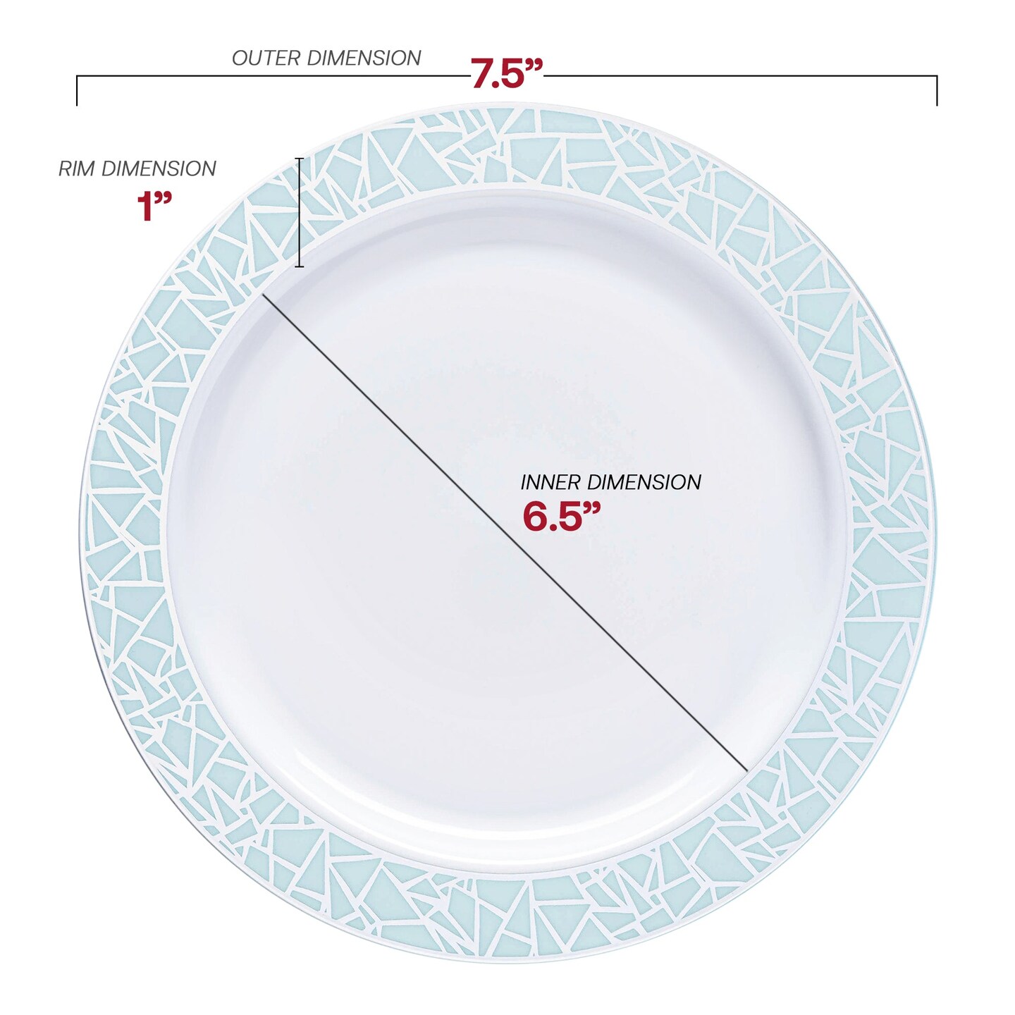 White with Turquoise Blue and Silver Mosaic Rim Round Plastic Appetizer/Salad Plates - 7.5" (120 Plates)