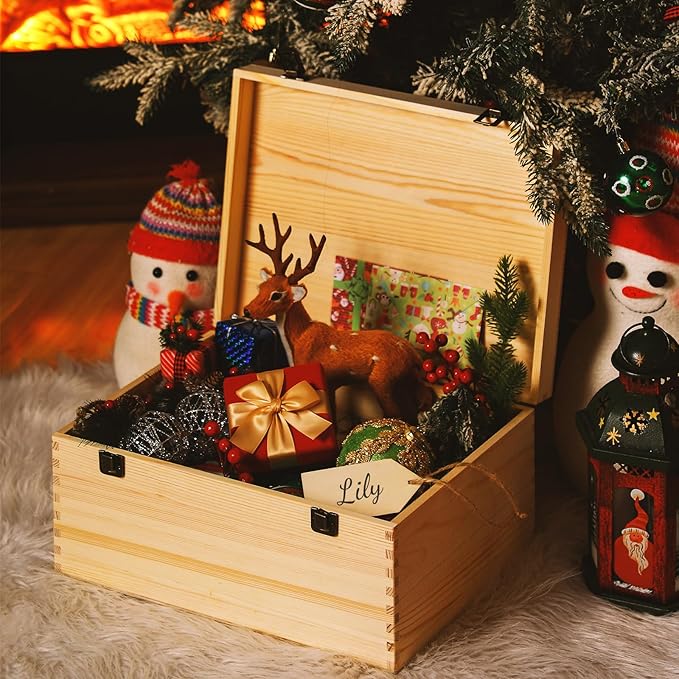 Christmas Eve Box 13 x 10 x 6.4 Inch Christmas Eve Wooden Gift Box with Blank Wooden Sign Personalized Large Pine Box Christmas Eve Gift with Hinged Lid and Front Clasp for Holiday Party