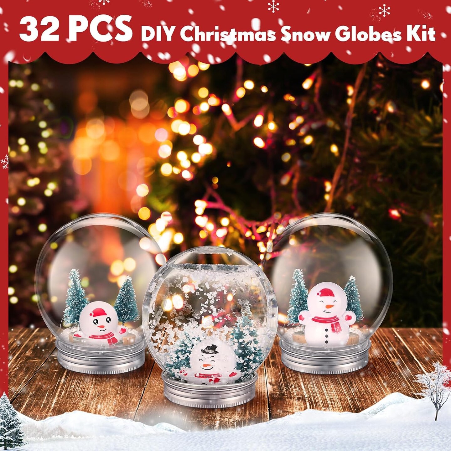 32 Set Christmas Clear Snow Globes Kit Plastic Water Globe with Screw Off Cap Artificial Christmas Trees Small Snowman Snowflakes for Ornaments DIY Crafts Fillable Snow Globes Home Decoration