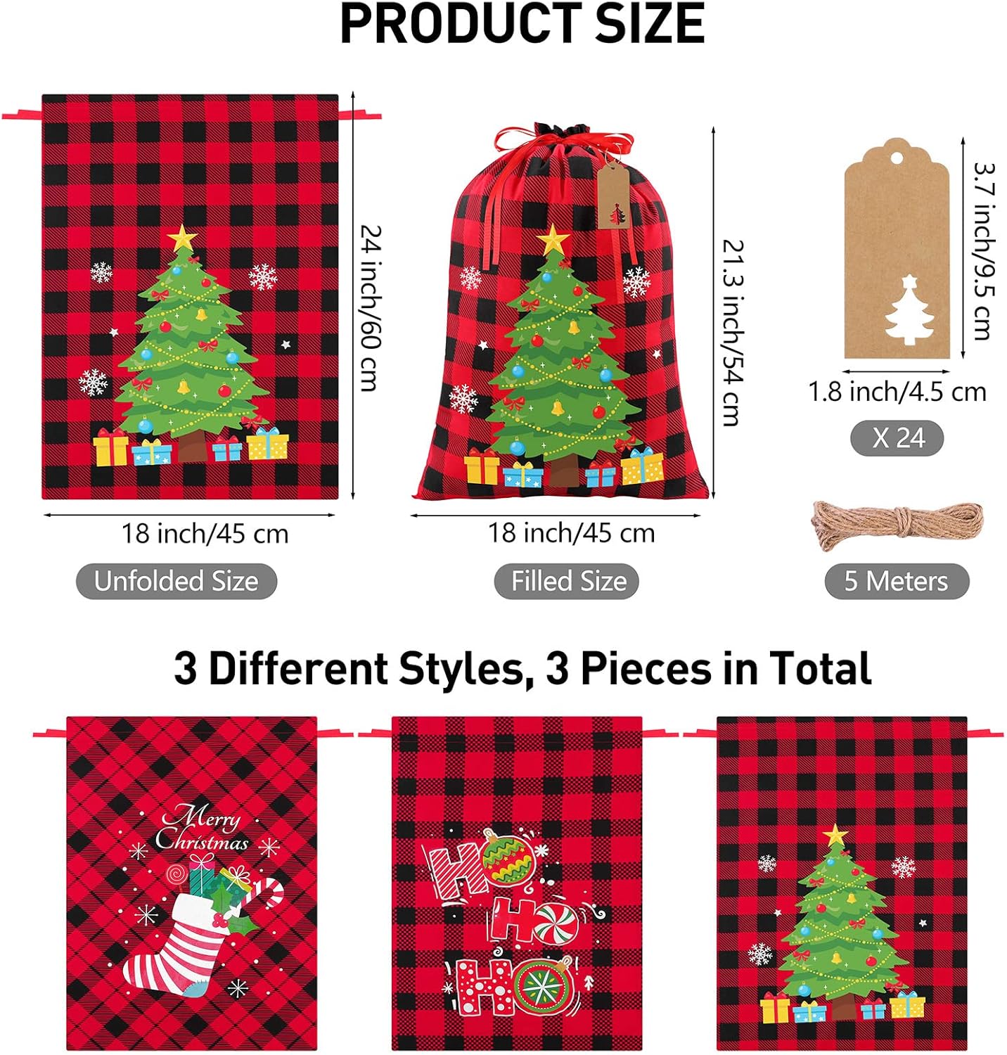 3 Pieces Christmas Drawstring Gift Bag Buffalo Plaid Fabric Bag with Drawstring Reusable Gift Wrapping Bags with 24 Kraft Paper Tags and Rope for Christmas Party Supplies, 17.7 x 23.6 Inches