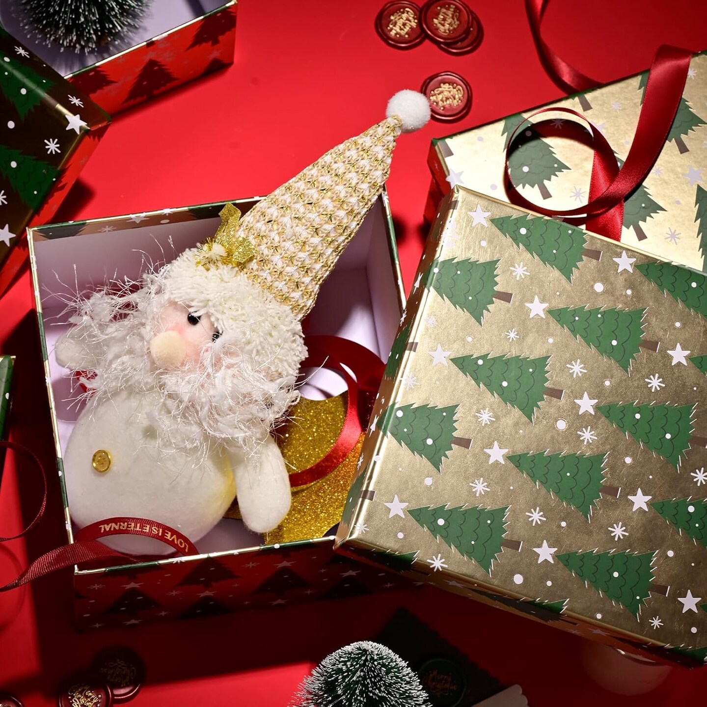 5PCS Christmas Nesting Gift Boxes Set, Gold Foil Green Xmas Tree Flat Square Cardboard Nested Box with Lid, for Gift Wrapping Holiday Present Birthday, Assorted Size