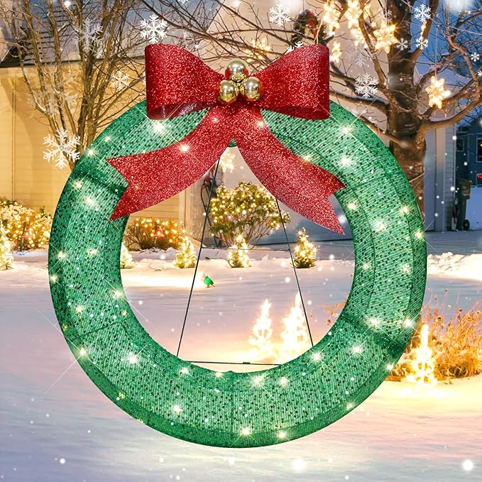 Lighted-up Christmas Wreath Bow with Lights 31.5&#x22; Prelit Outdoor Christmas Wreath Metal Holiday Decoration, Lighted Artificial Green Wreath with LED Lights, Lighted Christmas Indoor Home Display