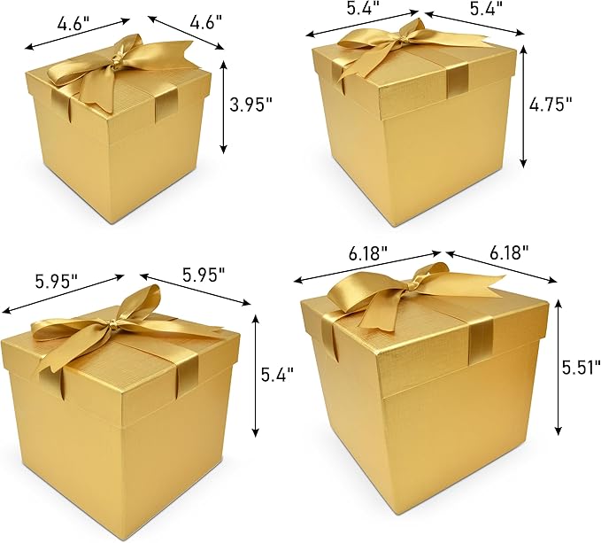 Christmas Gift Boxes with Ribbon Bow Set Of 4 Assorted Sizes Reusable Cardboard Stacked Nesting Box with Lids for Gift Giving Holiday Decorative Gifts Present Wrapping