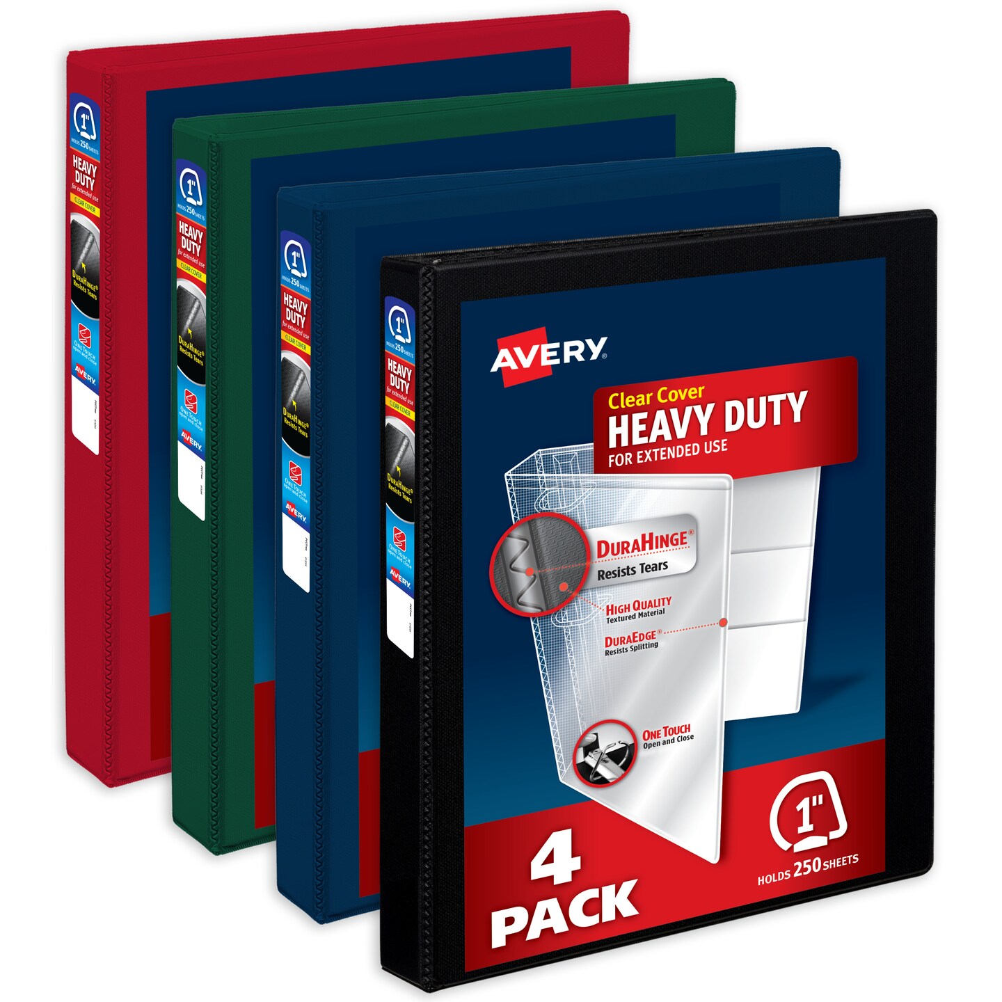 Avery Heavy-Duty View 3 Ring Binders, 1 Inch One Touch Slant Rings, 250-Sheet Capacity, DuraHinge, 1.4 Inch Wide Spine, Customizable Clear Cover and Spine, Assorted Dark Colors (4-Pack of 79632)