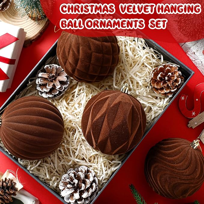 Ornaments Vintage Christmas Plastic Ball Ornaments Flocked Christmas Tree Hanging Ornament for Xmas Party Wedding Home Decor(Brown)
