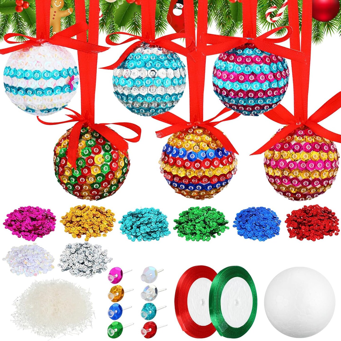 20 Sets Christmas Crafts Sequin Ornaments Kit Includes Foam Balls Sequins Christmas Crafts Christmas Tree Ornaments DIY Crafting for Christmas Holiday Party (Classic)