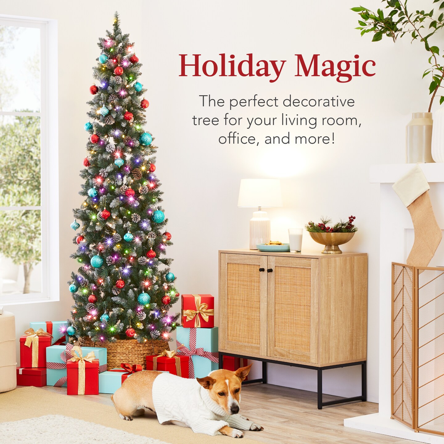 Best Choice Products Pre-Lit Partially Flocked Pencil Christmas Tree w/ 2-in-1 Multicolor Lights